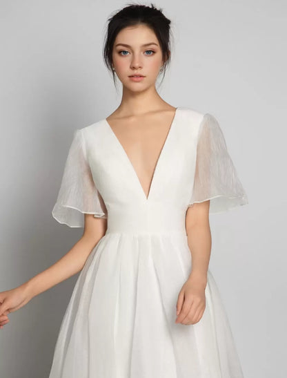 Simple Wedding Dress A-Line V-Neck Short Sleeves Bridal Dresses