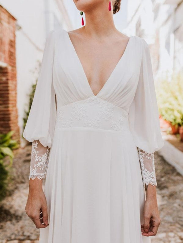 Simple Wedding Dress Lace A-Line Sweep Backless Long Sleeves V-Neck Ivory Bride Gown