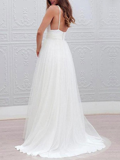 Simple Wedding Dresses A Line V Neck Straps Backless Tulle Beach Wedding Bridal Dress