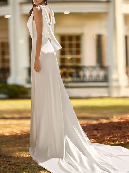 Simple Wedding Dress Satin V-Neck Sleeveless Bows A-Line Bridal Dresses With Sweep Train