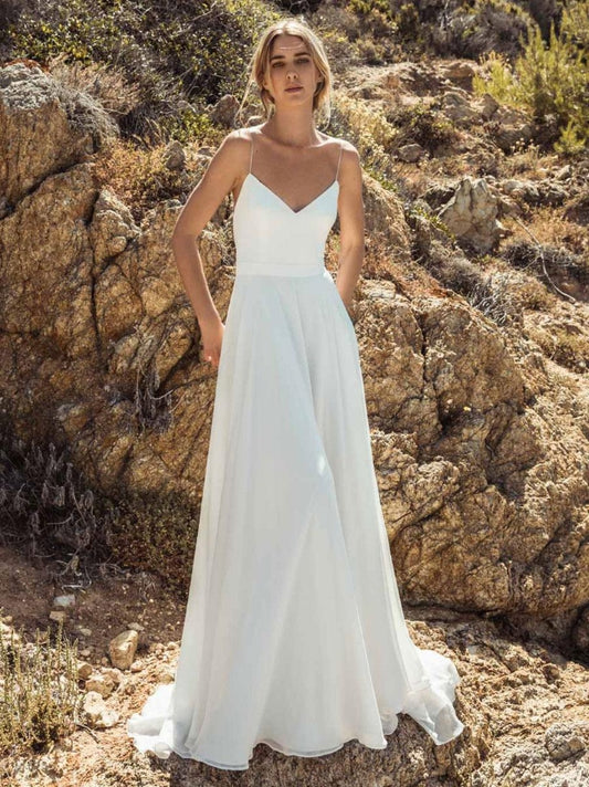 Simple Wedding Dress A-Line V-Neck Sleeveless Backless Bridal Gowns