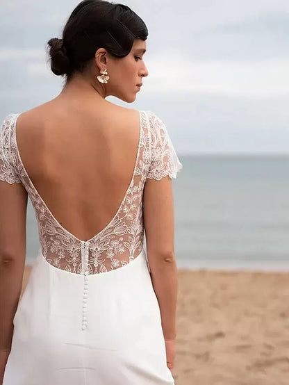 Simple Boho Wedding Dress Ivory Lace A-Line Sweep Raised Waist Backless Short Sleeves V-Neck Bridal Dress