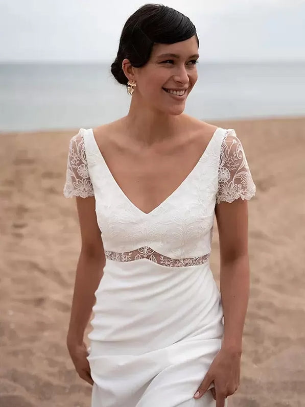 Simple Boho Wedding Dress Ivory Lace A-Line Sweep Raised Waist Backless Short Sleeves V-Neck Bridal Dress