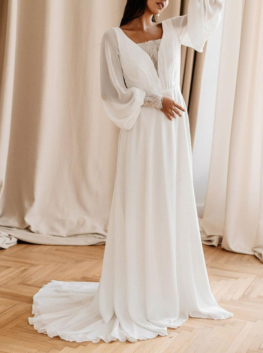 White Causal Wedding Dress With Train A-Line V-Neck Long Sleeves Lace Chiffon Bridal Dresses