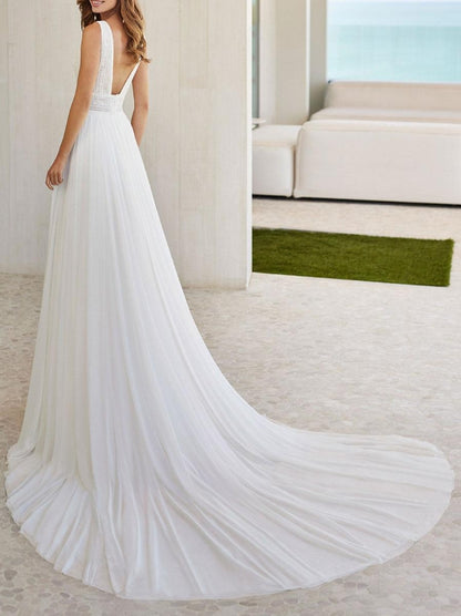 Wedding Dress Lace V-Neck Sleeveless A-Line Bridal Dresses With Sweep Train