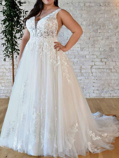 White Simple Wedding Dress A-Line V-Neckline Sleeveless Backless Lace Bridal Gowns