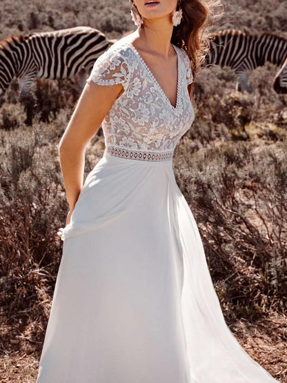 Ivory Boho Wedding Dress Lace A-Line With Train Backless Short Sleeves V-Neck Bridal Dresses