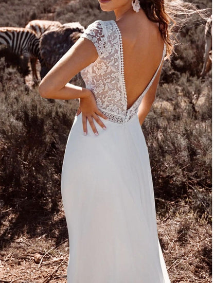 Ivory Boho Wedding Dress Lace A-Line With Train Backless Short Sleeves V-Neck Bridal Dresses