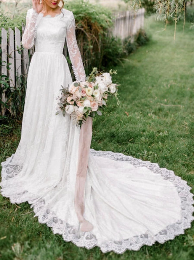 Ivory Simple Lace Wedding Dress With Train A-Line Jewel Neck Lace Up Long Sleeves Bridal Gowns