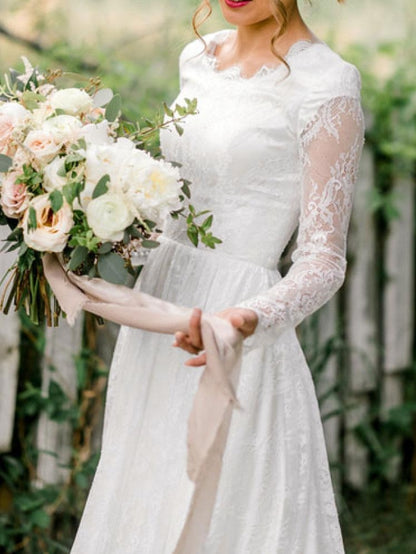 Ivory Simple Lace Wedding Dress With Train A-Line Jewel Neck Lace Up Long Sleeves Bridal Gowns