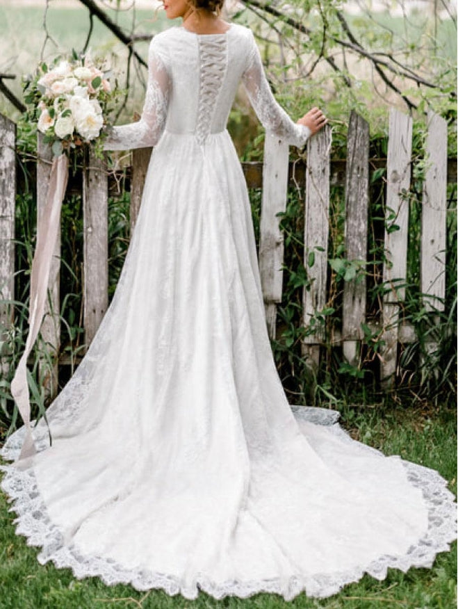 Ivory Simple Lace Wedding Dress With Train A-Line Jewel Neck Lace Up Long Sleeves Bridal Gowns