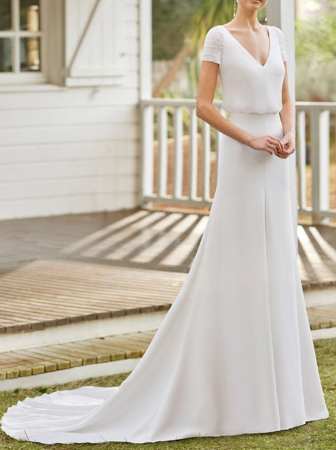 Simple Wedding Dress A-Line V-Neck Short Sleeves Lace Bridal Gowns