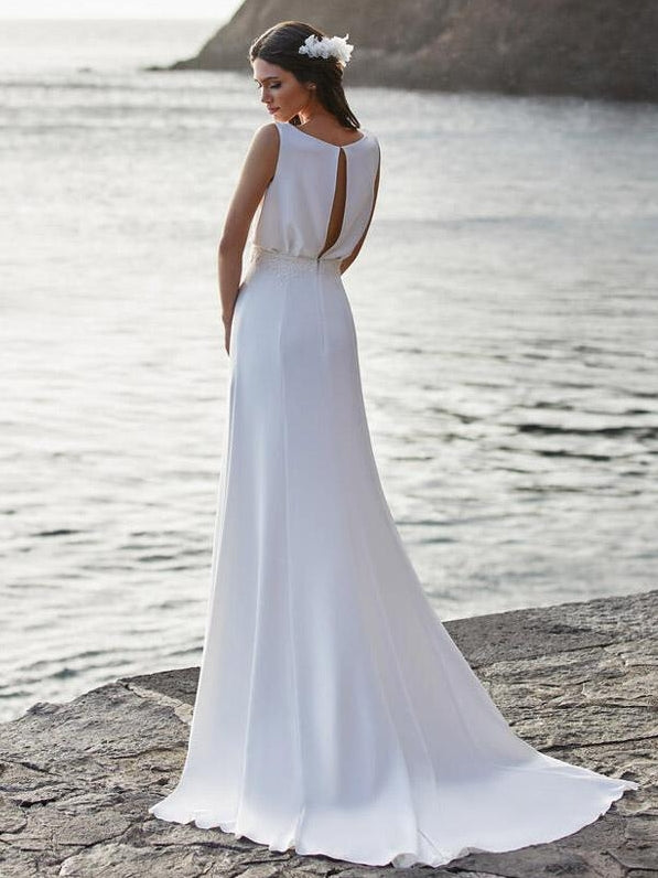 Simple Wedding Dress Satin V-Neck Sleeveless Lace A-Line Bridal Dresses