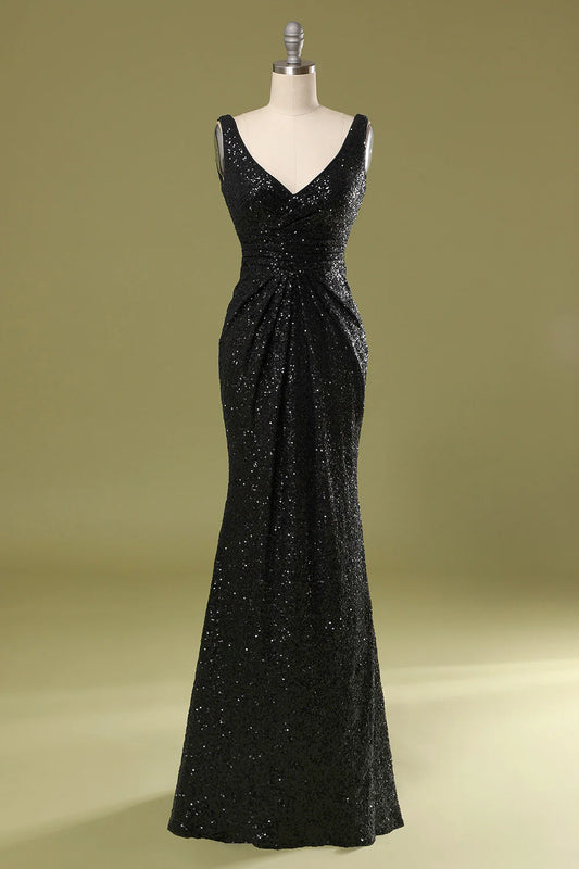 Mermaid V-Neck Black Sequins Evening Dress Cocktail Dresses