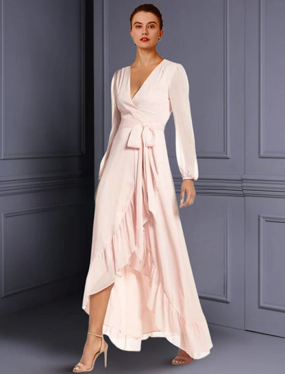 A-Line Mother of the Bride Dress High Low V Neck Chiffon Long Sleeve with Ruched Split Front