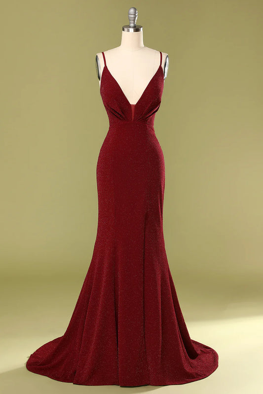 Mermaid Burgundy Deep V-neck Evening Dress Court Train Dresses