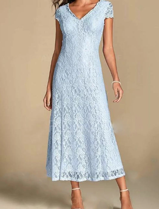 A-Line Mother of the Bride Dress V Neck Ankle Length Lace Short Sleeve with Pleats