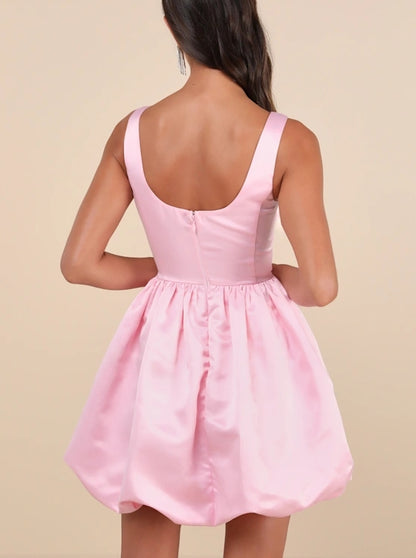 Pink Satin Square Neck Bubble-Hem Short/Mini Dress Cocktail Dresses