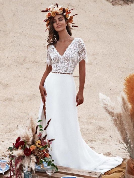 Ivory Boho Lace A-Line With Train Backless Short Sleeves V-Neck Wedding Dress