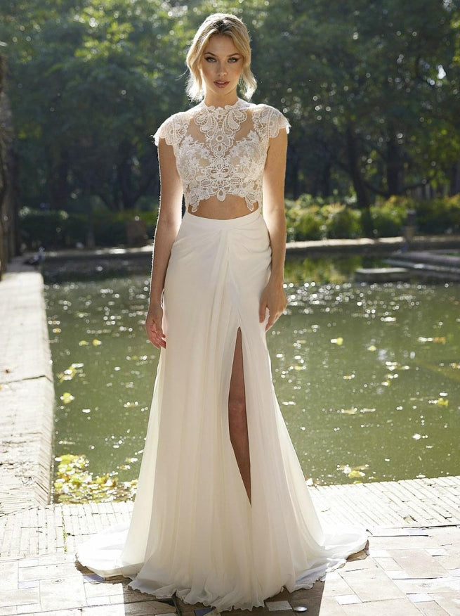 Ivory Two-piece Wedding Dress Lace Jewel Neck A-Line With Train Backless Short Sleeves