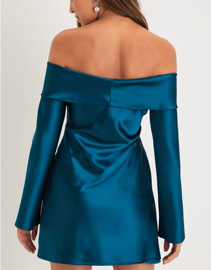 Teal Satin Off-the-Shoulder Mini Dress Cocktail Dresses