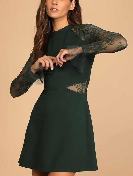 Lace Long Sleeve Skater Dress Mock Neck Short/Mini Dress A-Line Cocktail Dresses