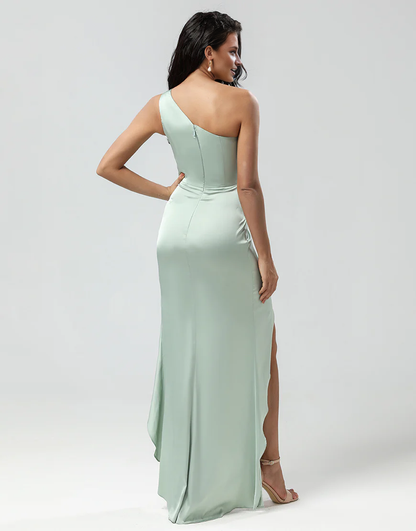 One Shoulder Matcha Bridesmaid Dress Ruffles With Slit