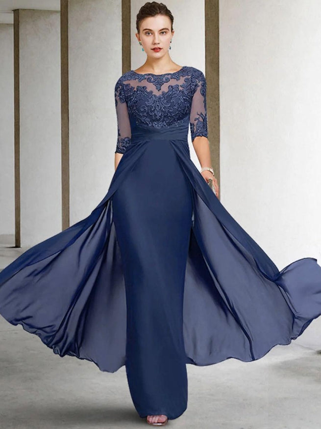 Jewel Neck Half Sleeves Sheath Lace Floor-Length Wedding Guest Dresses Mother of the Bride Dresse