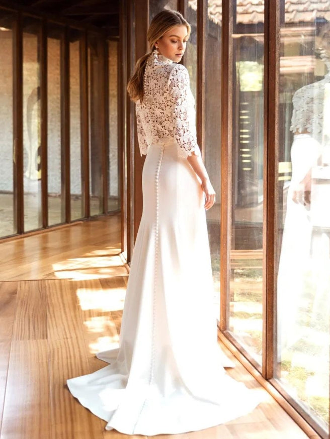 Ivory Two-piece Wedding Dress Lace High Collar Mermaid With Train 3/4 Length Sleeves Bridal Dress