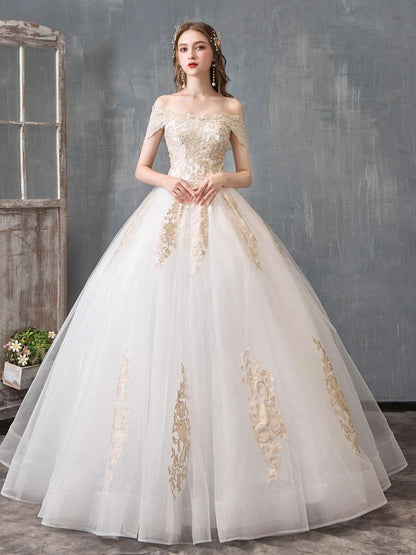 A-Line Princess Wedding Dresses Ball Gown Off Shoulder Golden Lace Appliqued Floor Length Bridal Dress