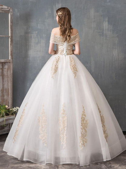 A-Line Princess Wedding Dresses Ball Gown Off Shoulder Golden Lace Appliqued Floor Length Bridal Dress