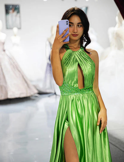 Green Halter Open Back Slit Floor-length Satin Prom Dress