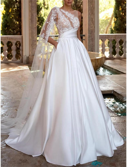 Off Shoulder V Neck Wedding Dresses Chapel Train Satin Bridal Gowns With Pleats Ruched