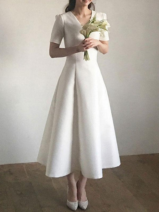 Simple Wedding Dress V-Neck Short Sleeves Tea length A-Line Bridal Dresses