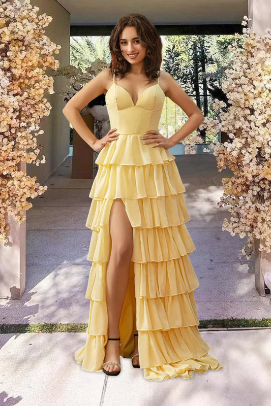 A-Line Princess Ruffle Tiered Slit Yellow Floor-length Prom Dress