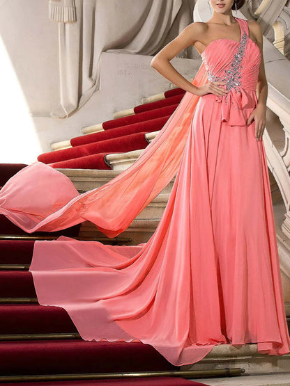 A-Line One Shoulder Court Train Floor-length Evening Dresses With Crystals Draping