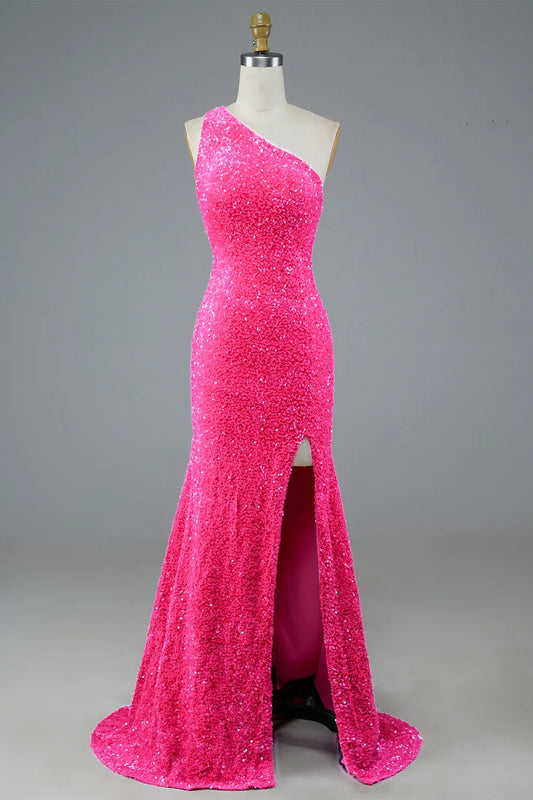 Fuchsia Sequin One-shoulder Long Prom Dress Evening Dresses with Slit