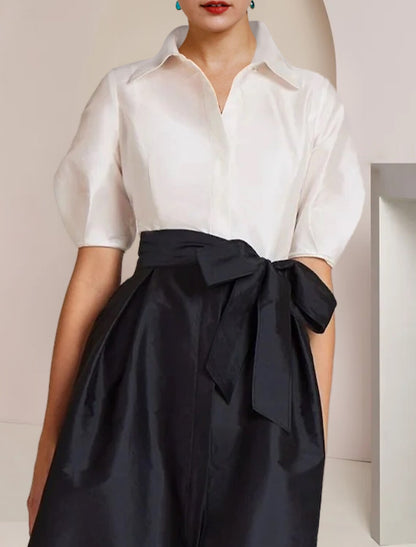 A-Line Mother of the Bride Dress Formal Wedding Guest Elegant Party Shirt Collar Floor Length with Bow(s)