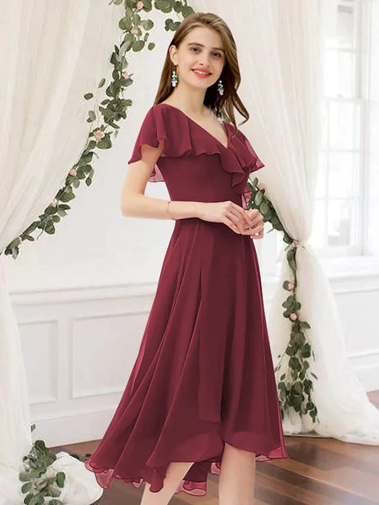 A-Line V Neck Knee Length Chiffon Bridesmaid Dress with Ruching