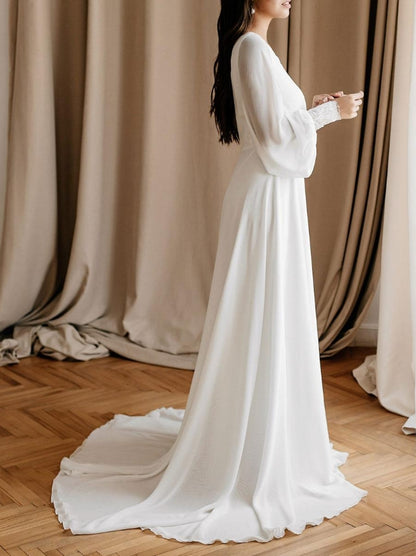 White Causal Wedding Dress With Train A-Line V-Neck Long Sleeves Lace Chiffon Bridal Dresses