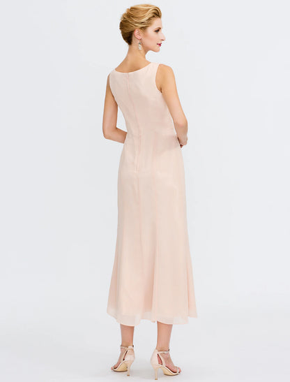 Sheath / Column Mother of the Bride Dress Wedding Guest Elegant Jewel Neck Tea Length Chiffon Sleeveless Wrap Included with Sash / Ribbon Pleats Beading