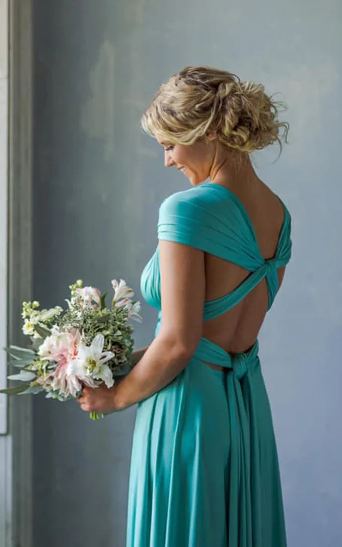 A Line Halter Neck Jersey Bridesmaid Dress With Half Sleeves