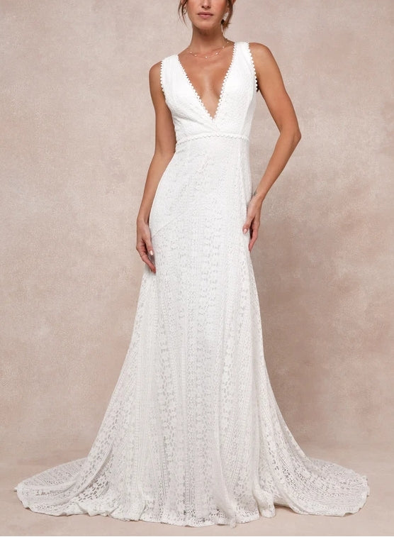 Deep V-Neck Ivory Lace Sleeveless Backless Trumpet Maxi Dress Chapel Train Wedding Dress