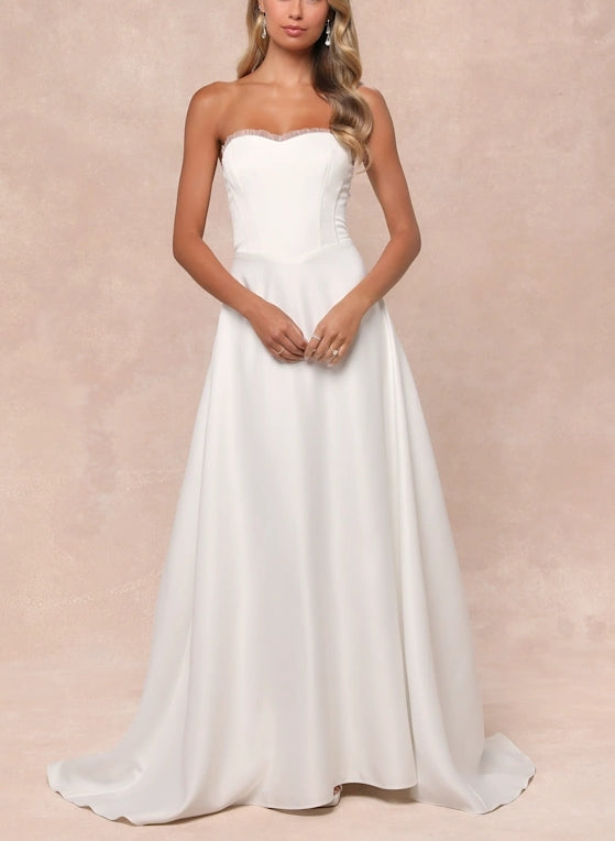 White A-Line Floral Embroidered Strapless Chapel Train Wedding Dress