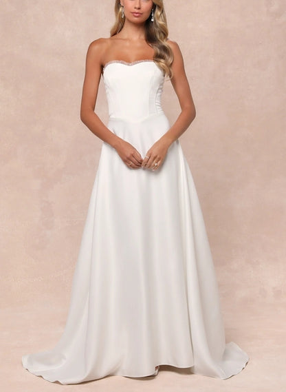 White A-Line Floral Embroidered Strapless Chapel Train Wedding Dress