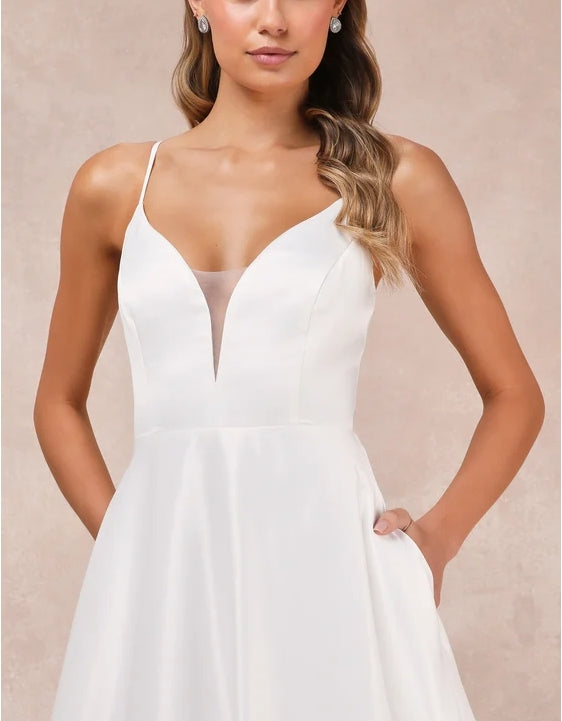 A-Line White Spaghetti Strap Satin Cutout With Pockets Chapel Train Wedding Dress