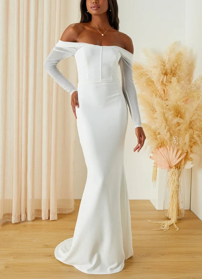 White Bustier Off-the-Shoulder Bride Gown Chapel Train Wedding Dress