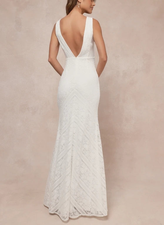 White Deep V-Neck Lace Twist-Front Sleeveless Backless Mermaid Wedding Dress