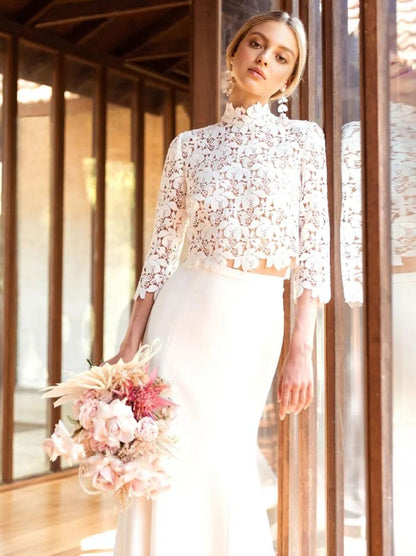 Ivory Two-piece Wedding Dress Lace High Collar Mermaid With Train 3/4 Length Sleeves Bridal Dress