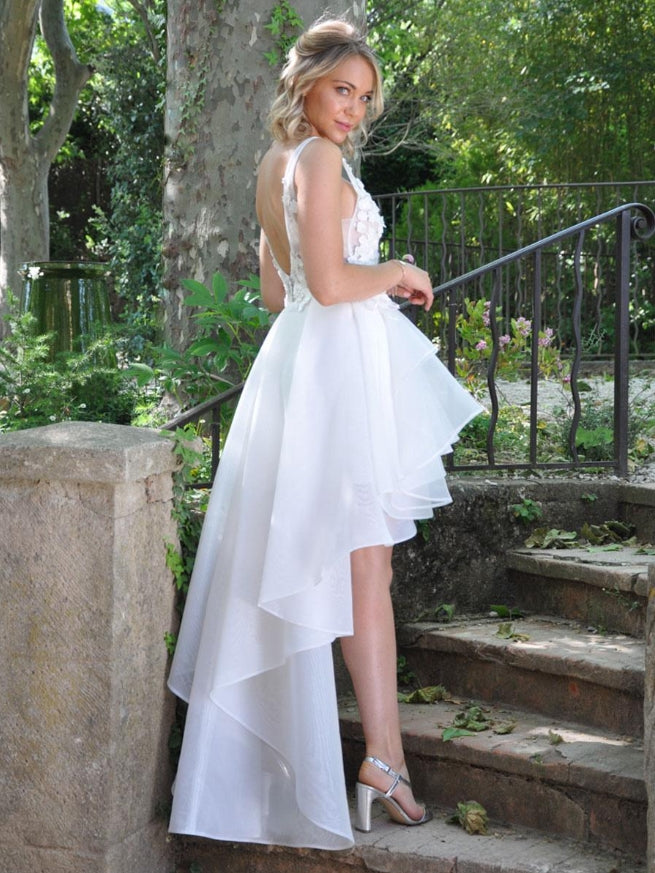 Short Wedding Dress V-Neck Sleeveless High Low Lace Bridal Gowns